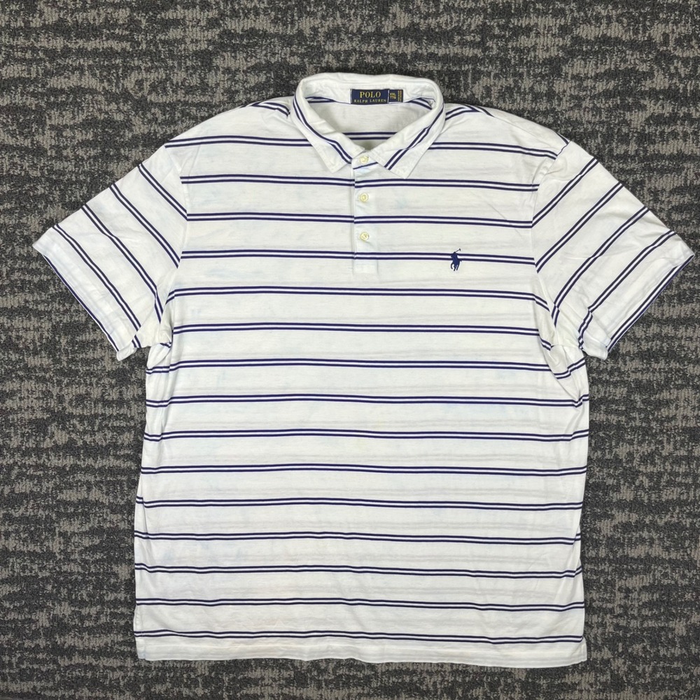 Polo Ralph Lauren Polo Shirt Mens XXL White Blue Striped Pima Cotton Logo Short